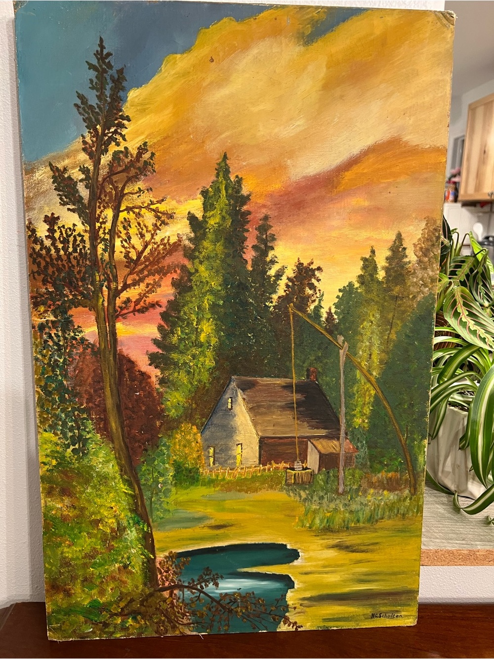 Sunset Cottage Landscape Painting - Warm Yellow & Green Home Art